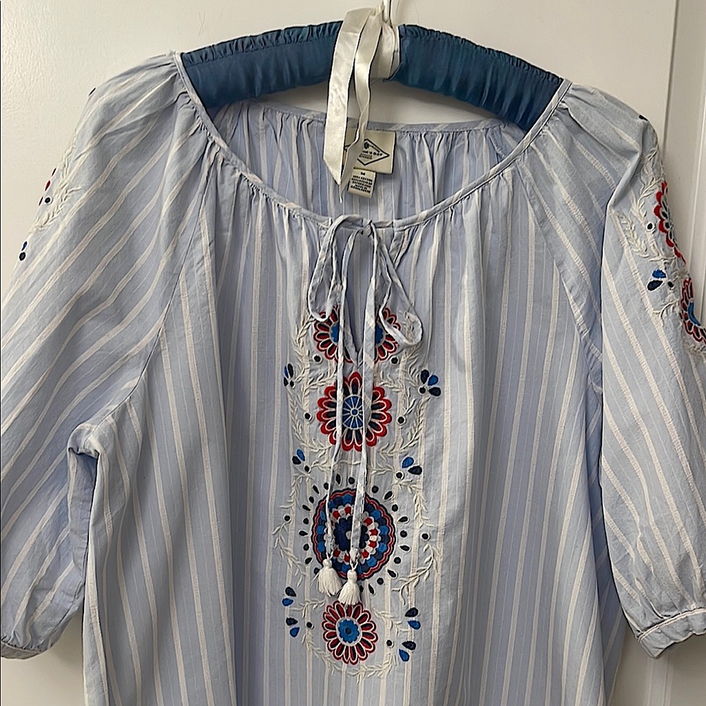 St John’s Bay Blue Striped Embroidered Blouse